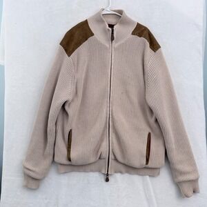 Orvis Sweater Mens L Cream Full Zip Shoulders Patch Heavyweight Knit